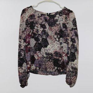 Xhilaration Purple Geometric Floral Zip-Back Gathered Sleeve Blouse